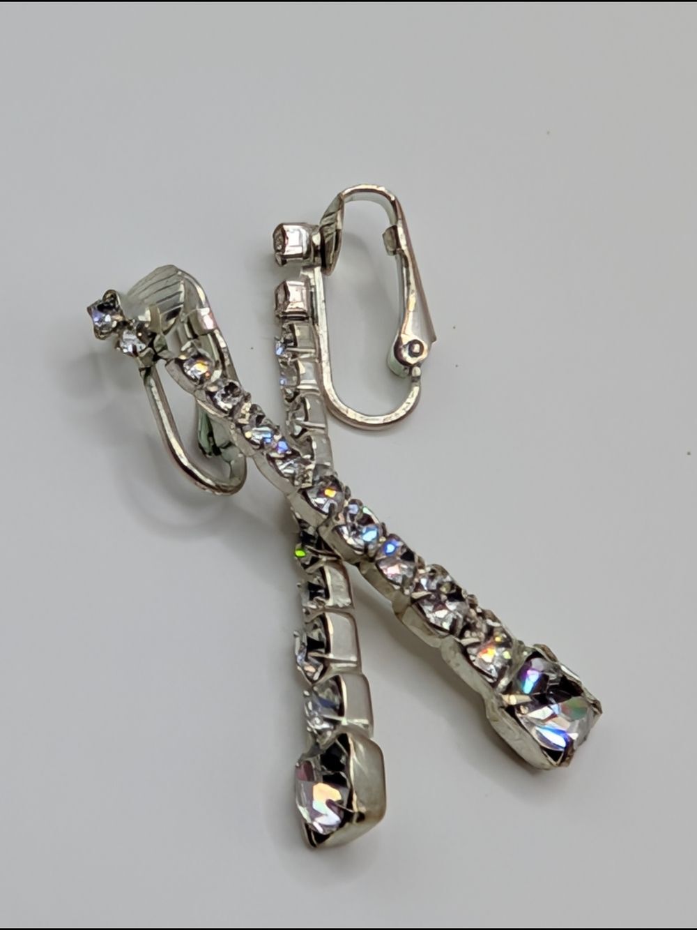 Crystal Drop Dangle Earrings - Silver Tone Clip Ons